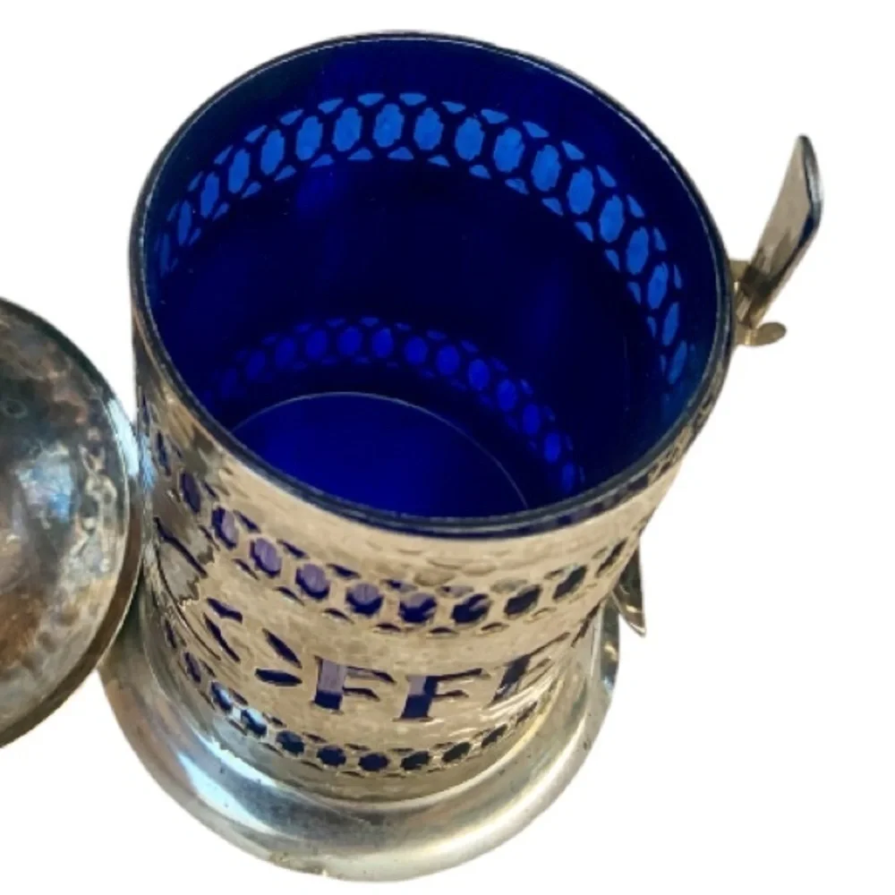 🌺VINTAGE SHEFFIELD ENGLAND SILVER PLATED COBALT LIDDED COFFEE CANISTER W/SPOON - Picture 9 of 16